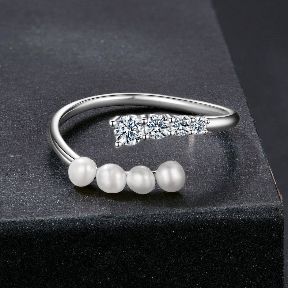 925 Sterling Silver Moissanite & Freshwater Pearl Ring, White Gold Plated, Size E for Women