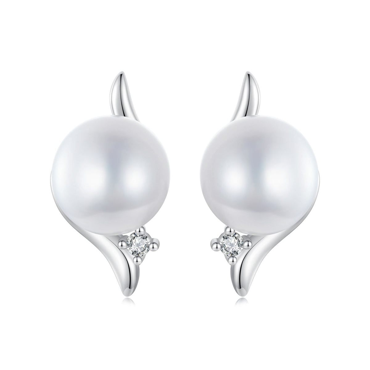 925 Sterling Silver Natural Pearl & CZ Earrings Plated in Platinum