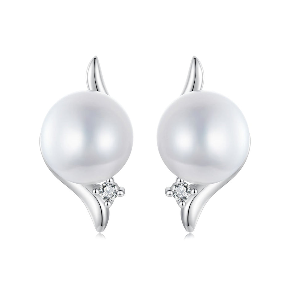 925 Sterling Silver Natural Pearl & CZ Earrings Plated in Platinum