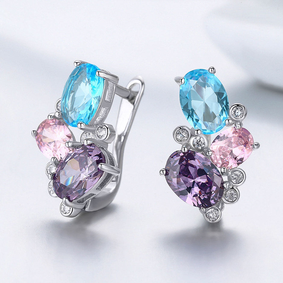 925 Sterling Silver Earrings with Transparent Glass, 1.6*1.1cm for Women