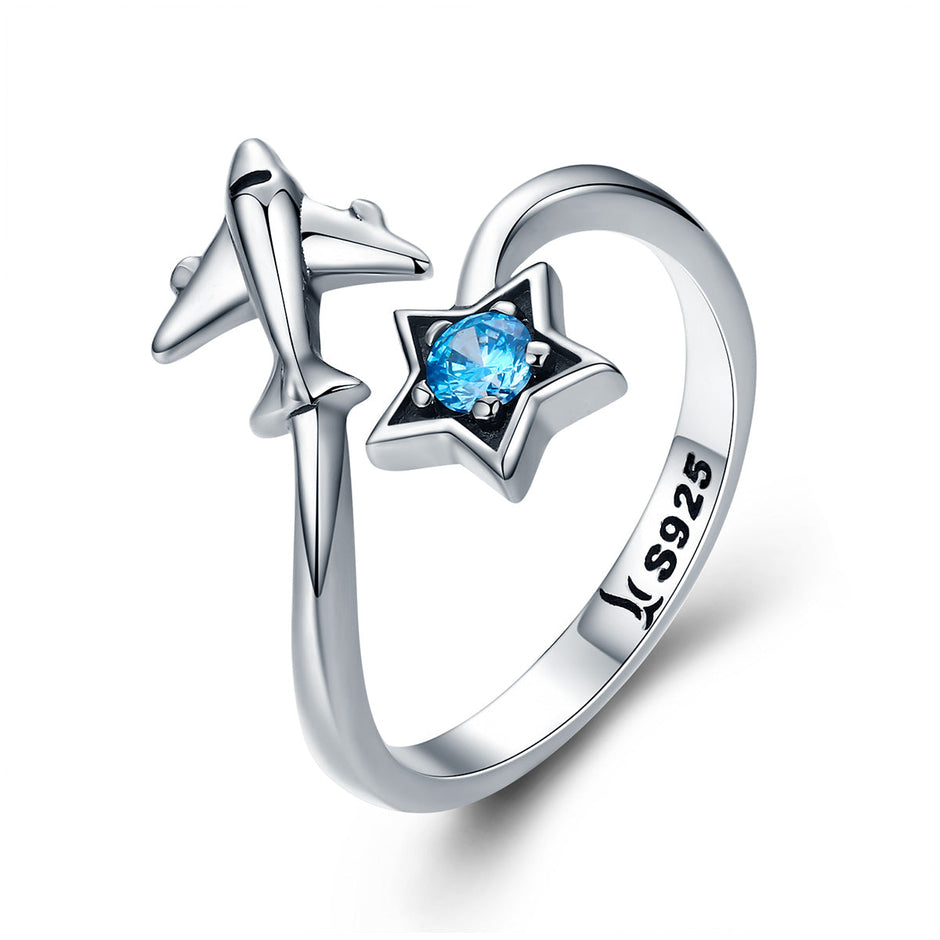 S925 Sterling Silver Star and Airplane Ring Set for Women