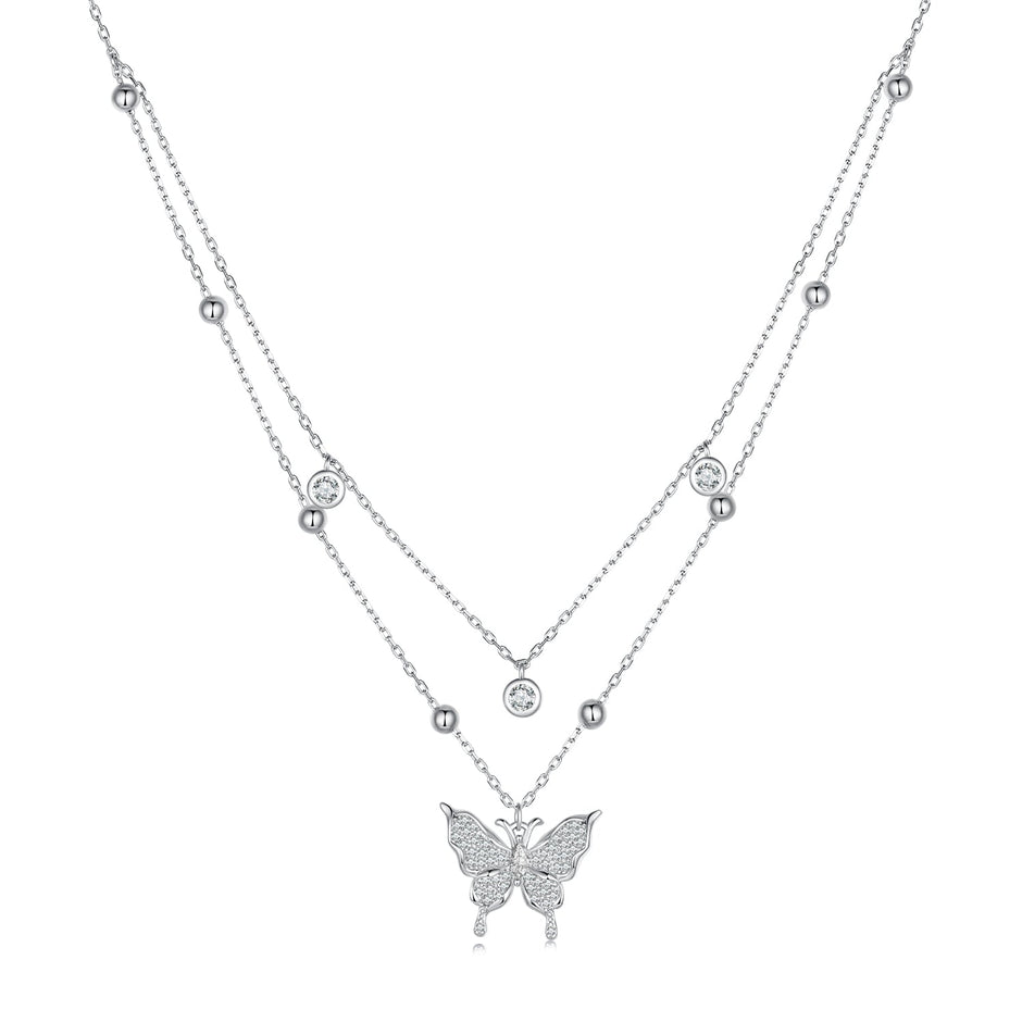 925 Sterling Silver Butterfly Necklace with Pavé Setting CZ, 40cm Length for Women