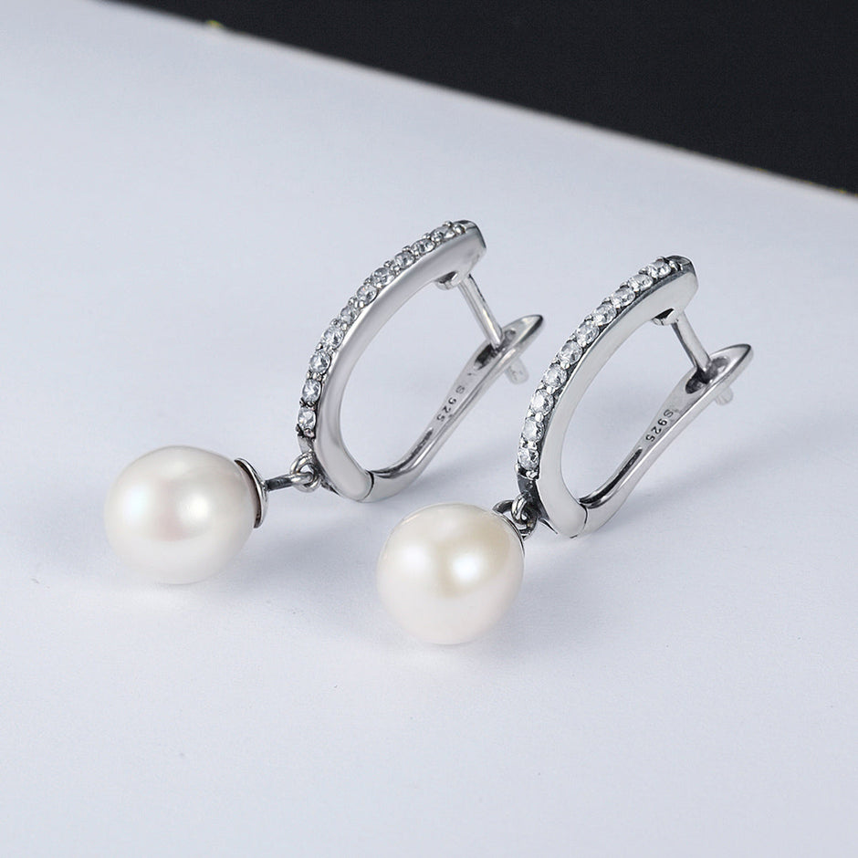 925 Sterling Silver Freshwater Pearl Earrings with Pavé Setting CZ for Women