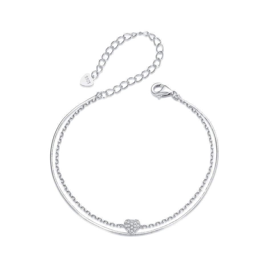 925 Sterling Silver White Gold Plated Heart-Shaped Bracelet with CZ, Length 150+60mm