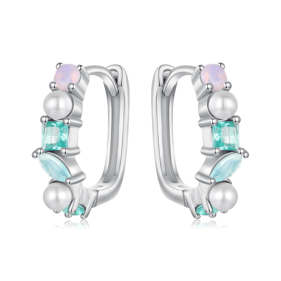 925 Sterling Silver Earrings with Nano Opal, Shell Pearl and Glass, 1.4cm for Women
