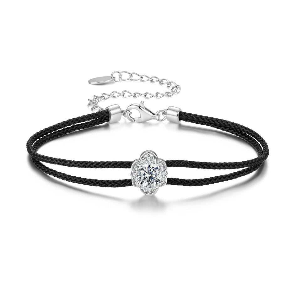 925 Sterling Silver White Gold Plated Round Moissanite 15+6cm Cotton Cord Bracelet for Women