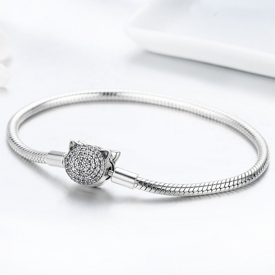 925 Sterling Silver Bracelet with Cat Head Charm, 17cm for Women