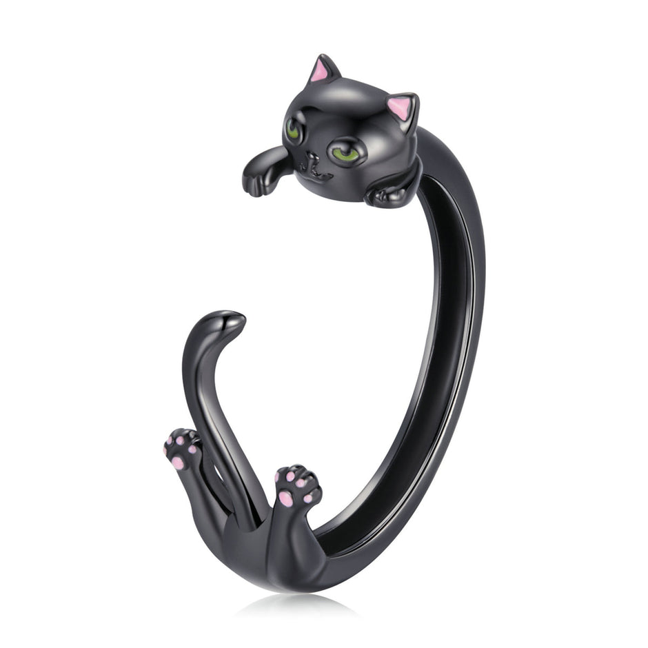 S925 Sterling Silver Plated Black Gold Cat-themed Ring for Women