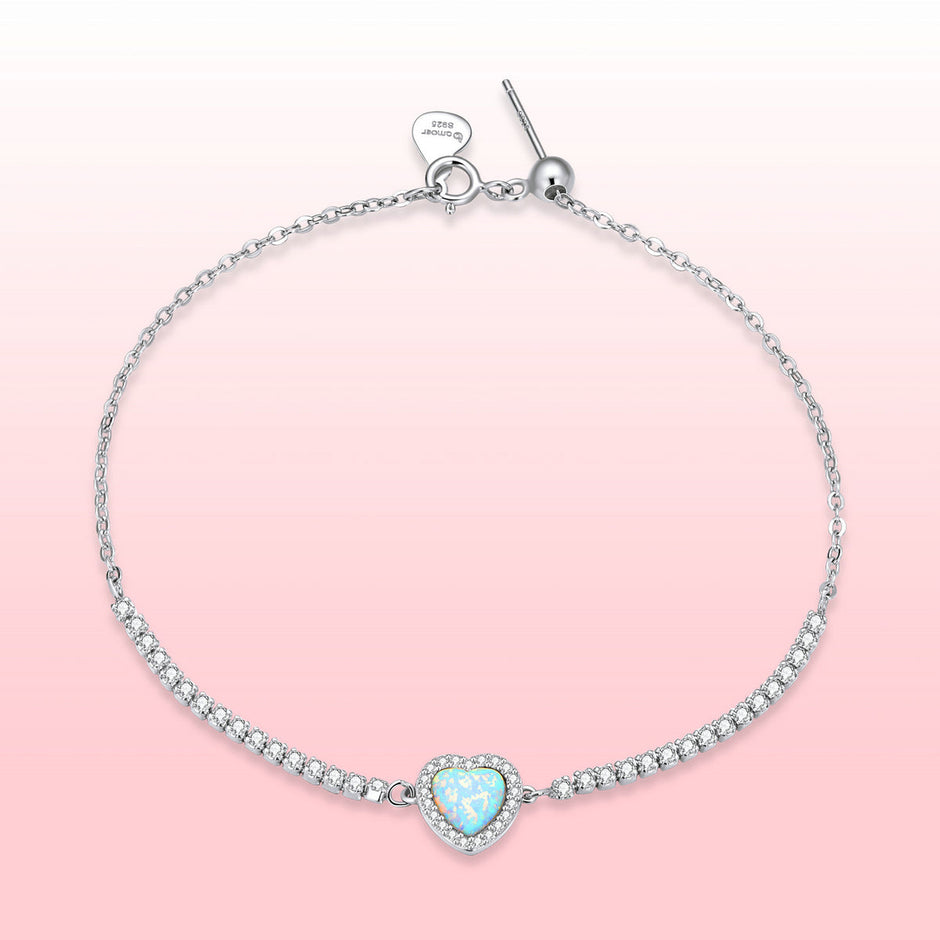 925 Sterling Silver Adjustable Bracelet with Translucent Opal and CZ for Women