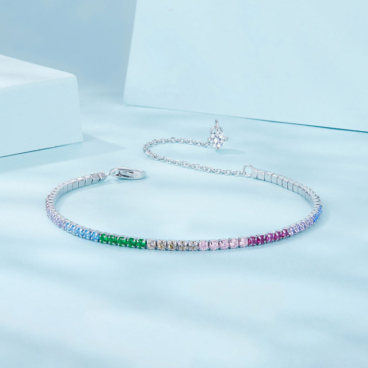 925 Sterling Silver Pave Setting White Gold Bracelet 160+60mm for Women