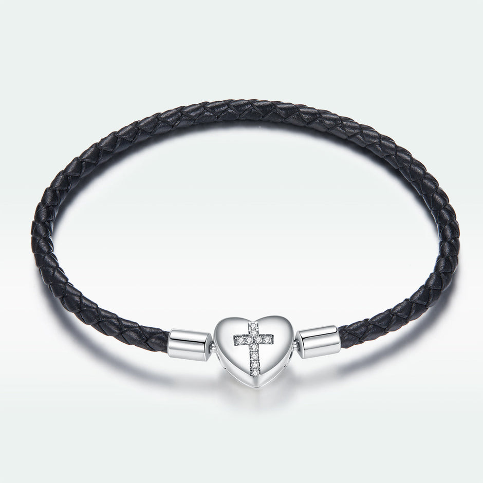 925 Sterling Silver Leather 17cm Bracelet with Oxidized CZ for Women