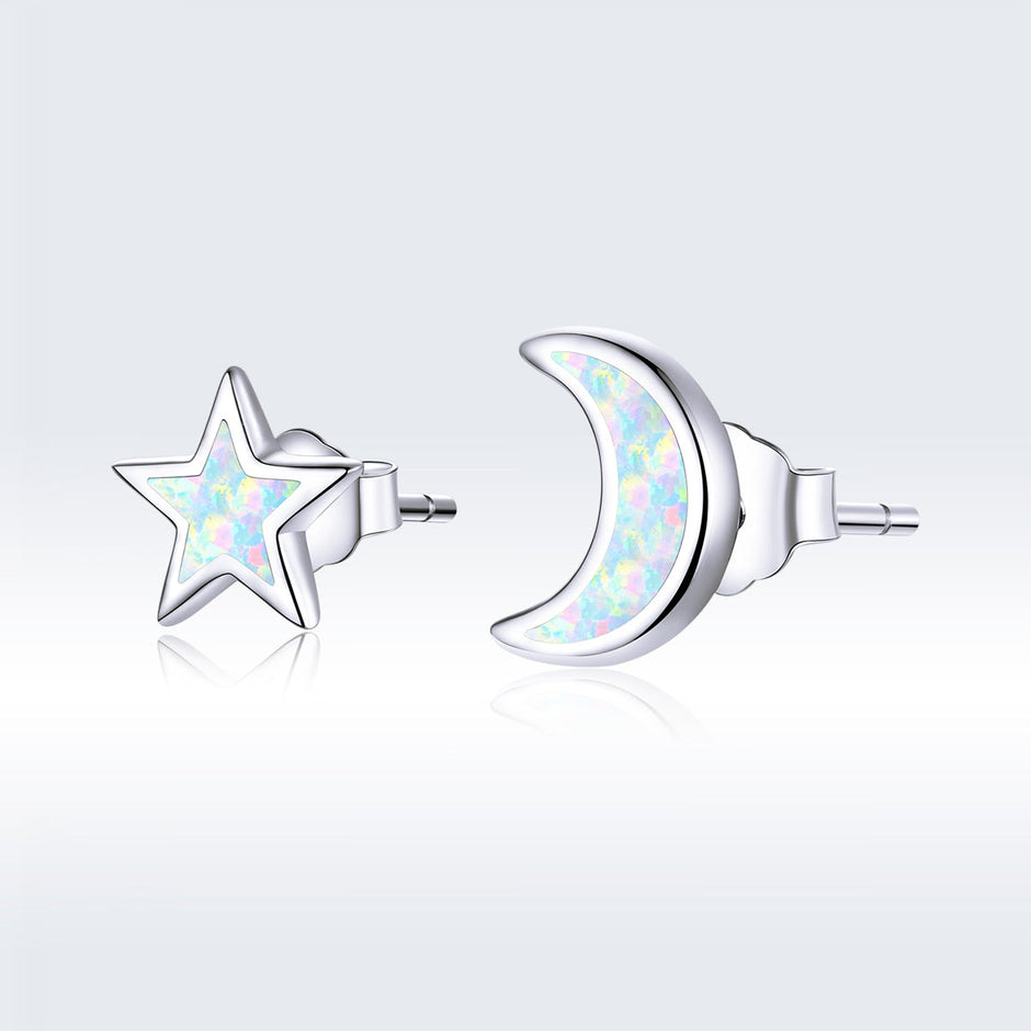 925 Sterling Silver Opal Earrings for Women - Star & Moon Design