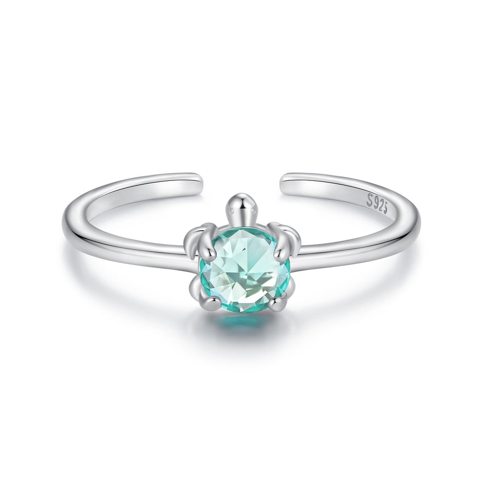925 Sterling Silver White Gold Plated Transparent Glass Turtle Ring