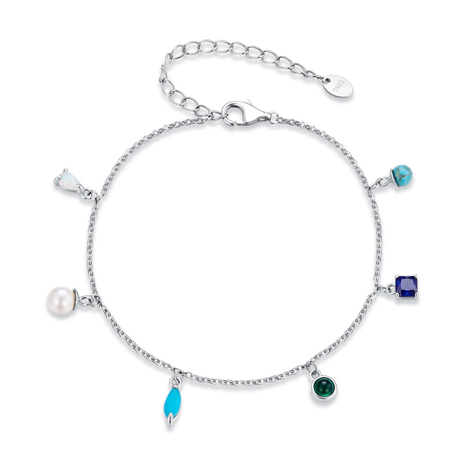 925 Sterling Silver White Gold Plated Synthetic Opal Pearl Turquoise 16+5cm Bracelet for Women