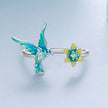 925 Sterling Silver White Gold Plated Enamel Transparent Glass Bird Ring for Women