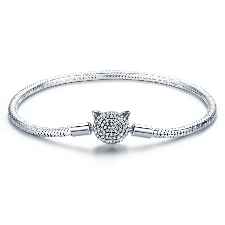 925 Sterling Silver Bracelet with Cat Head Charm, 17cm for Women