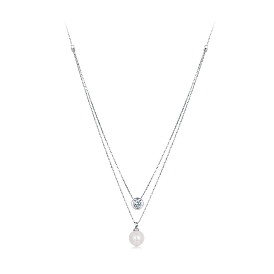 925 Sterling Silver Moissanite & Quality Shell Pearl Necklace for Women - 40+5cm, White Gold Plated