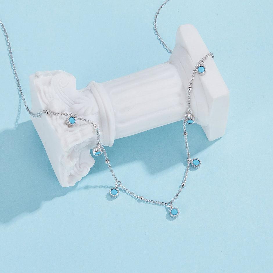 925 Sterling Silver Necklace with Synthetic Turquoise in White Gold, Adjustable 450mm for Women