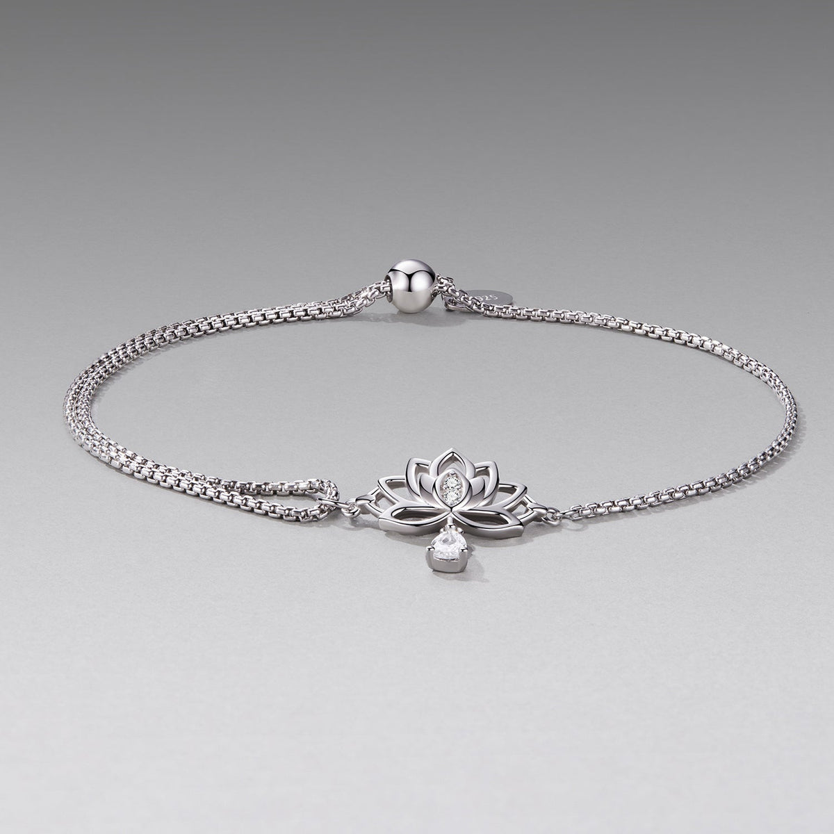 925 Sterling Silver Adjustable Chain Bracelet with White Gold Plating and CZ for Women
