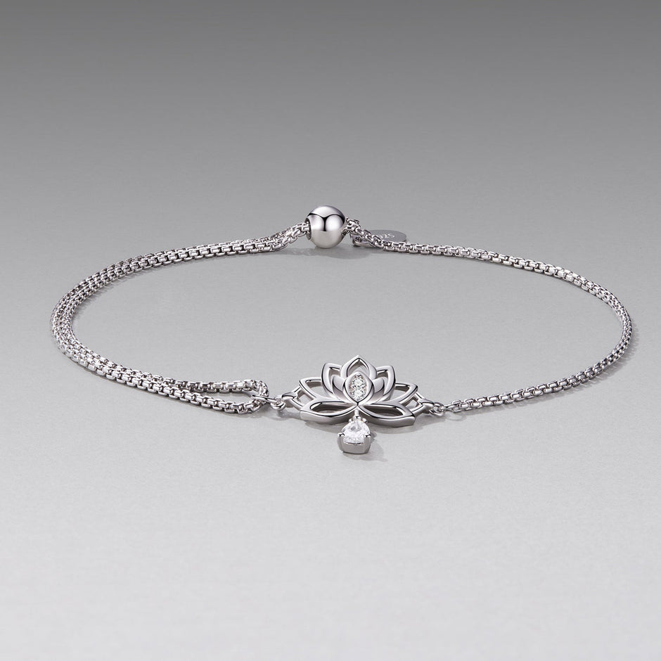 925 Sterling Silver Adjustable Chain Bracelet with White Gold Plating and CZ for Women