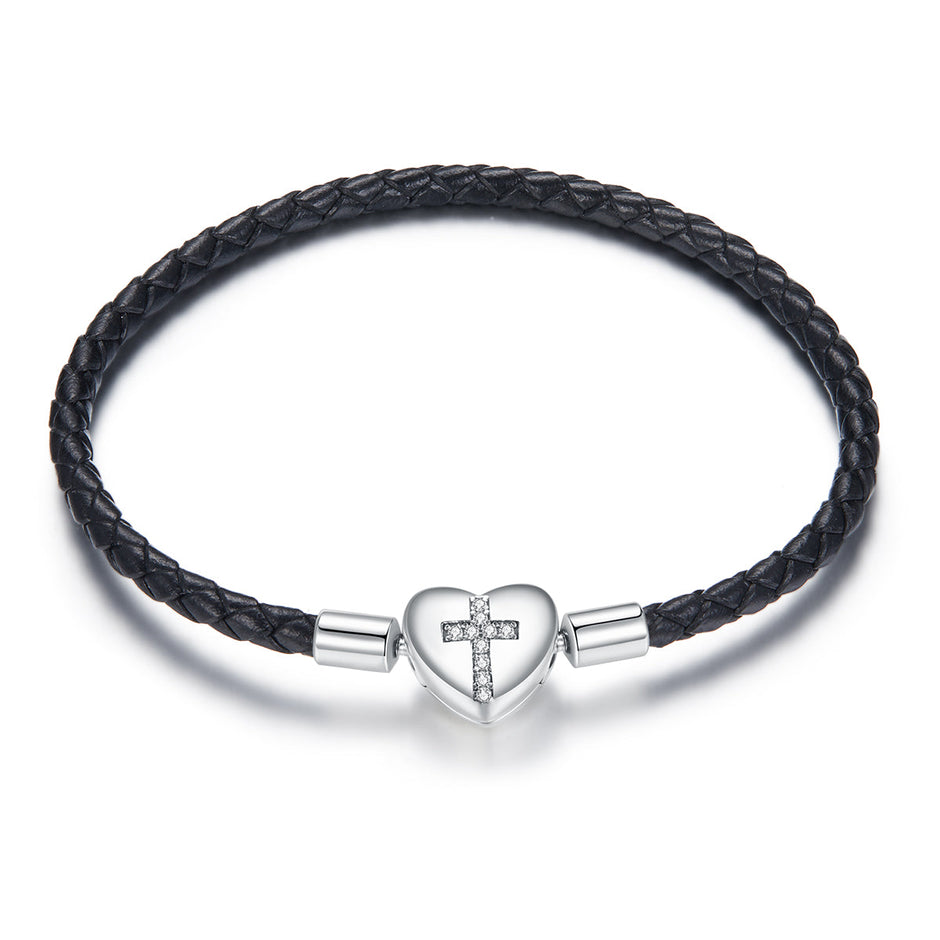 925 Sterling Silver Leather 17cm Bracelet with Oxidized CZ for Women
