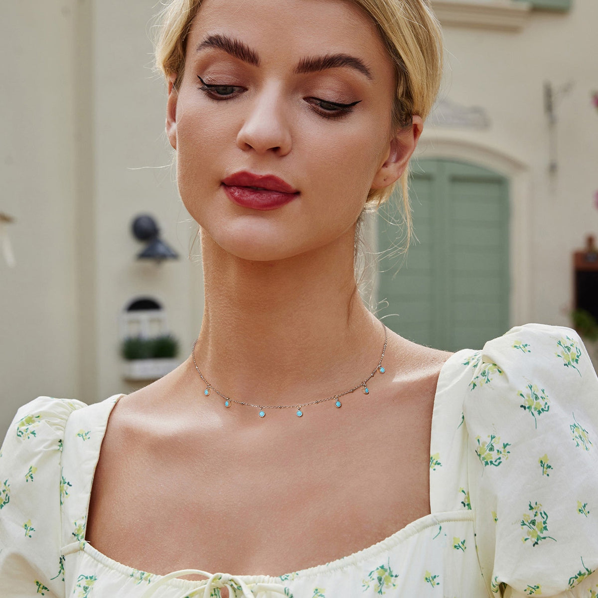 925 Sterling Silver Necklace with Synthetic Turquoise in White Gold, Adjustable 450mm for Women