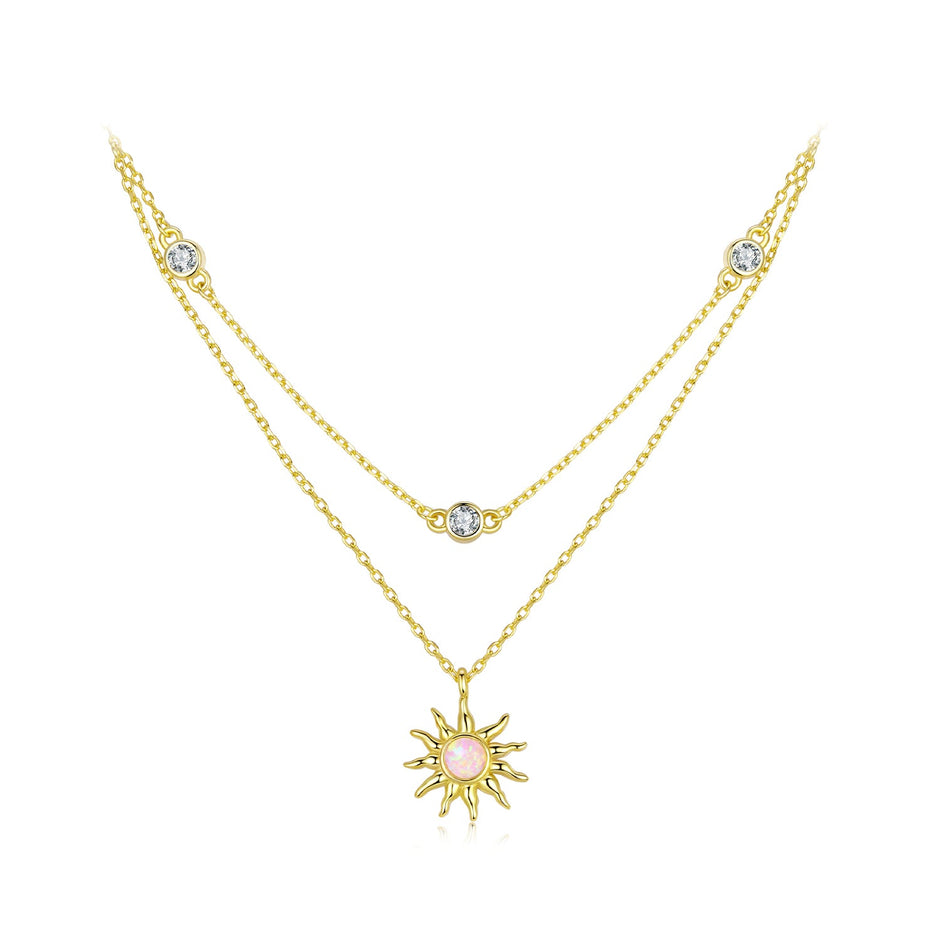 925 Sterling Silver Necklace with Synthetic Opal and CZ, 44cm Adjustable, Gold Plated for Women