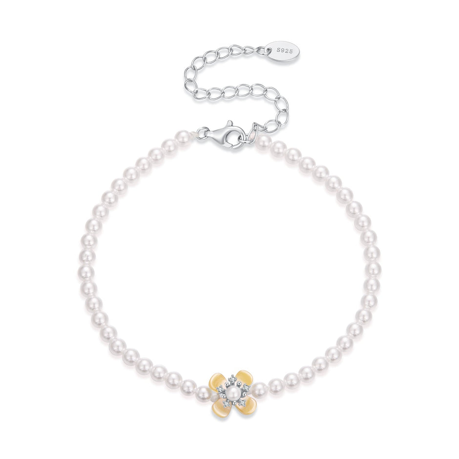 925 Sterling Silver White Gold Plated Nacre Synthetic Pearl CZ 16+5cm Bracelet for Women