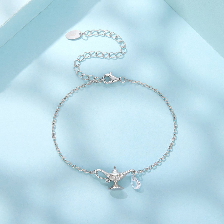 925 Sterling Silver White Gold Plated CZ Pavé 15+6cm Chain 1.0x1.7cm Pendant Bracelet for Women