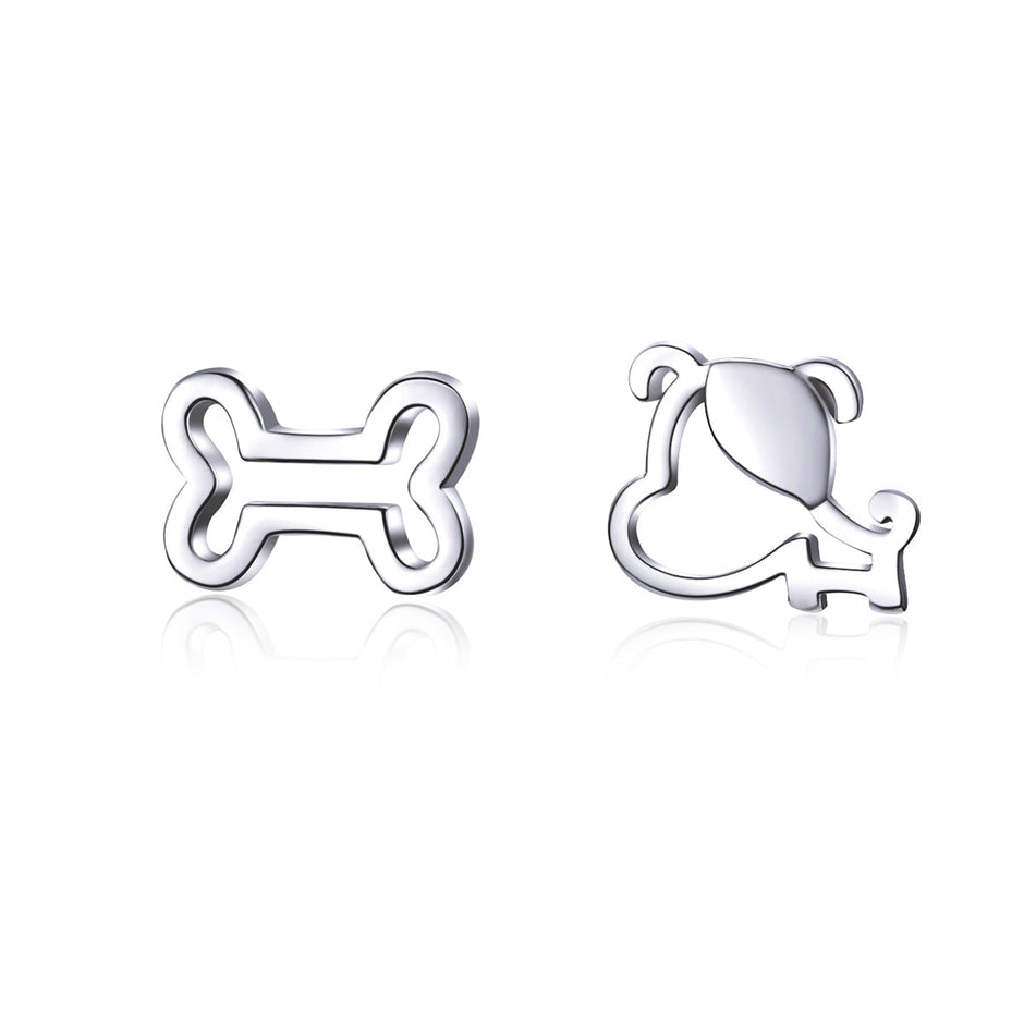 925 Sterling Silver Earrings for Women, 0.5-0.6cm, Bone and Dog Design, Platinum Plated