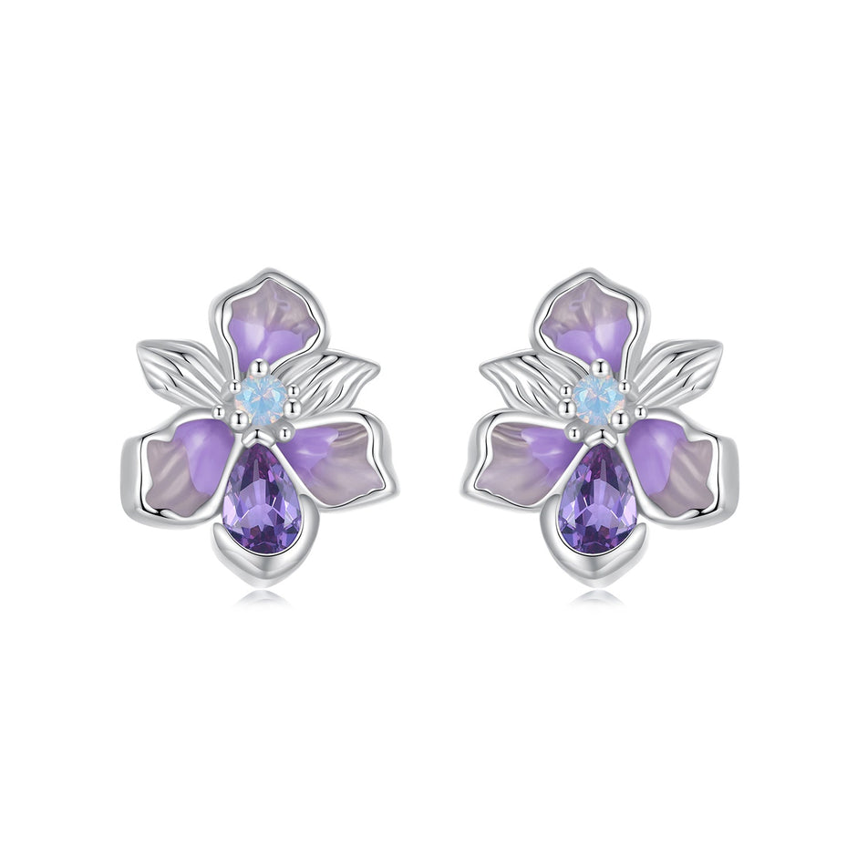 925 Sterling Silver Earrings with Nano Opal Stone and CZ, White Gold Plated, 0.7cm, for Women