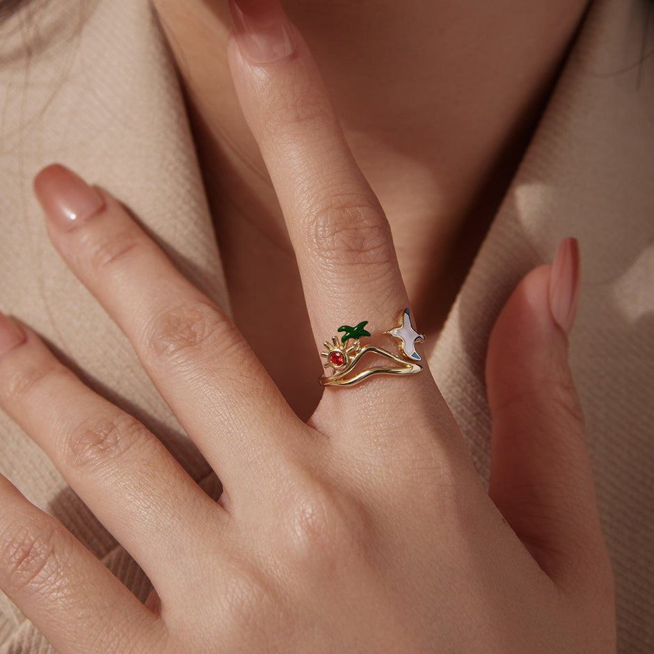 925 Sterling Silver Enamel Pavé Setting CZ Gold Plated Ring for Women