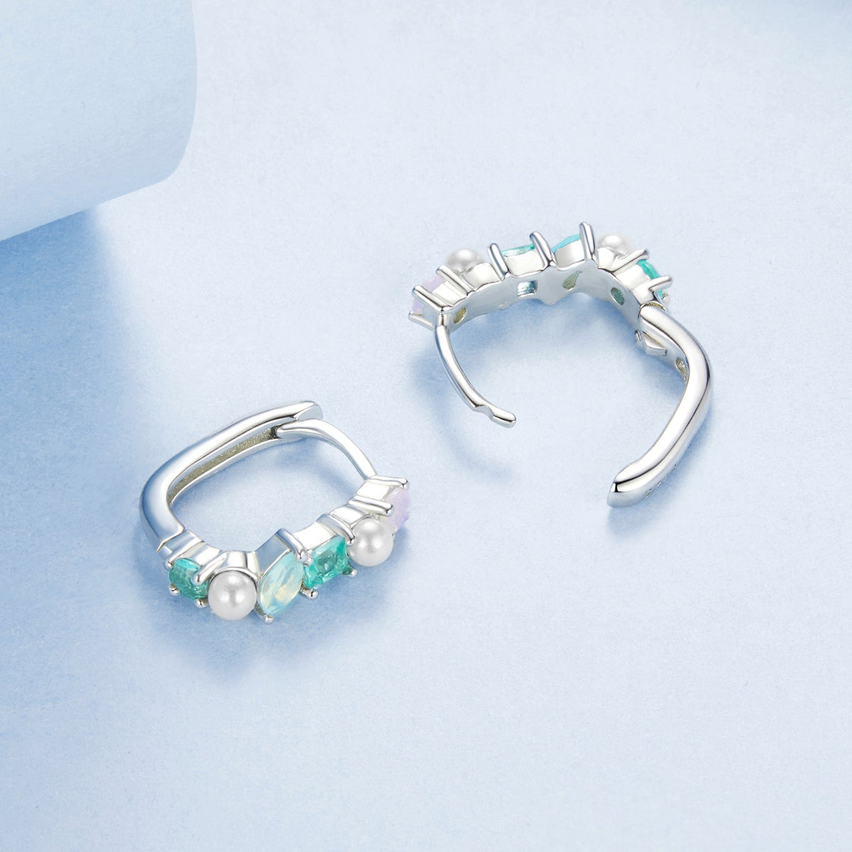 925 Sterling Silver Earrings with Nano Opal, Shell Pearl and Glass, 1.4cm for Women