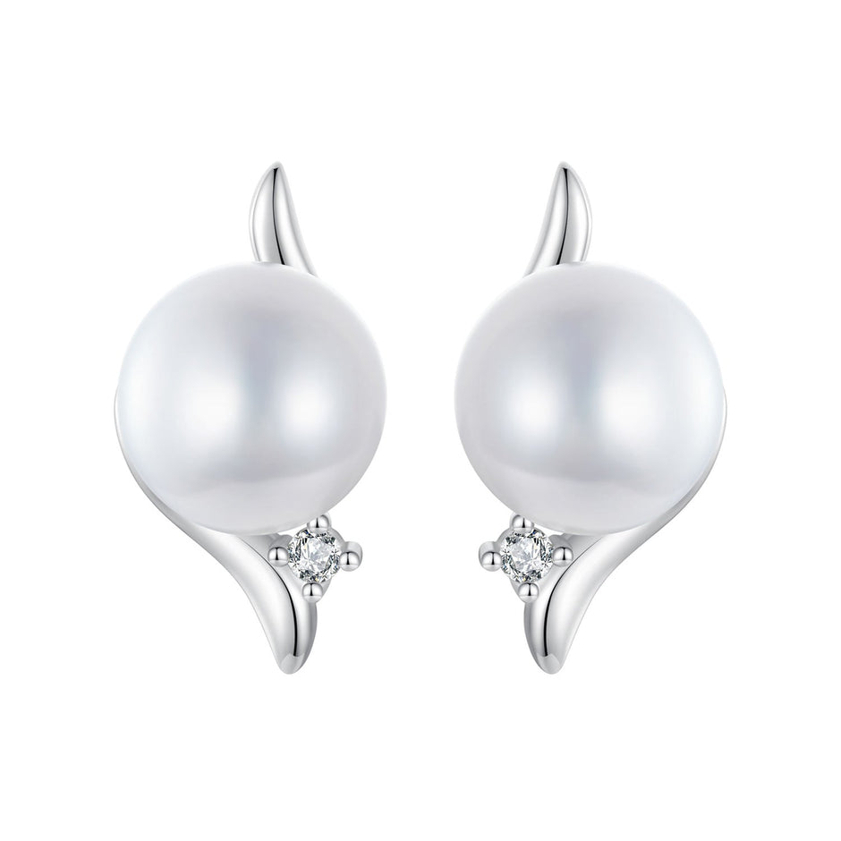 925 Sterling Silver Natural Pearl & CZ Earrings Plated in Platinum