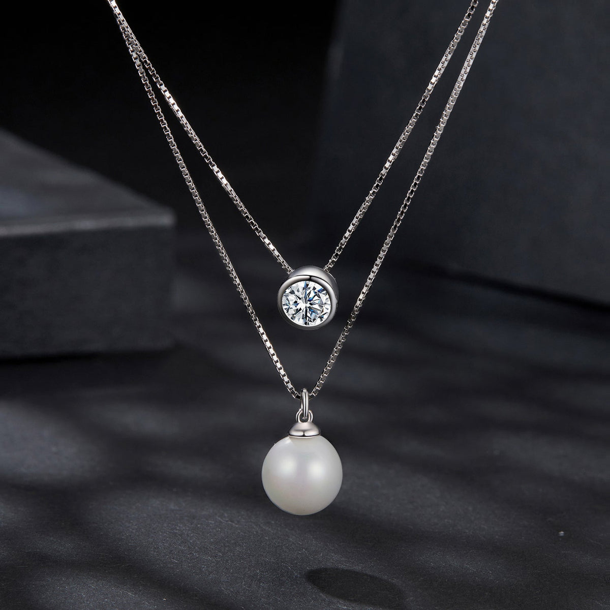 925 Sterling Silver Moissanite & Quality Shell Pearl Necklace for Women - 40+5cm, White Gold Plated