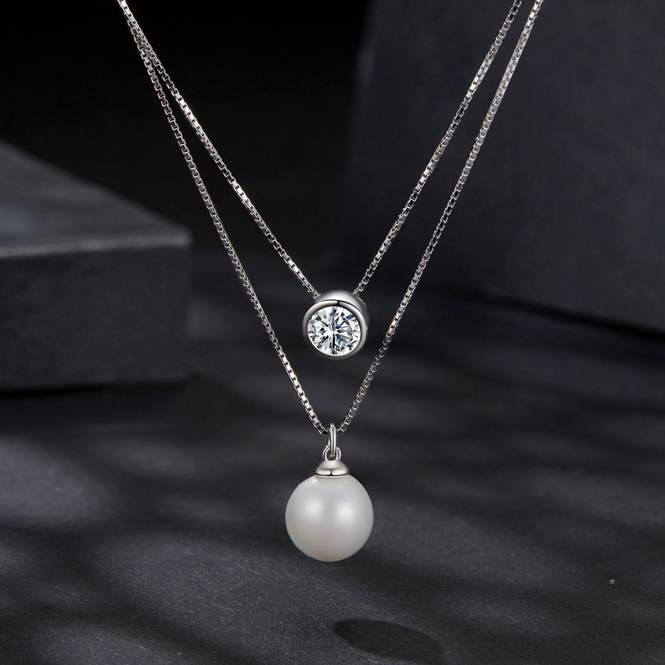 925 Sterling Silver Moissanite & Quality Shell Pearl Necklace for Women - 40+5cm, White Gold Plated