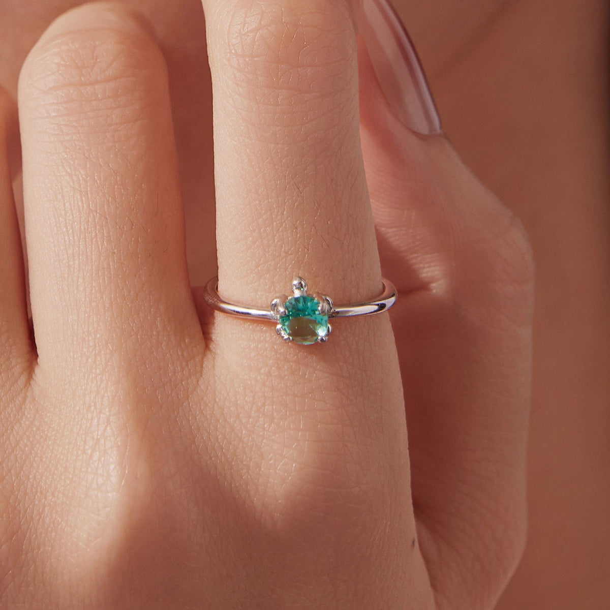 925 Sterling Silver White Gold Plated Transparent Glass Turtle Ring