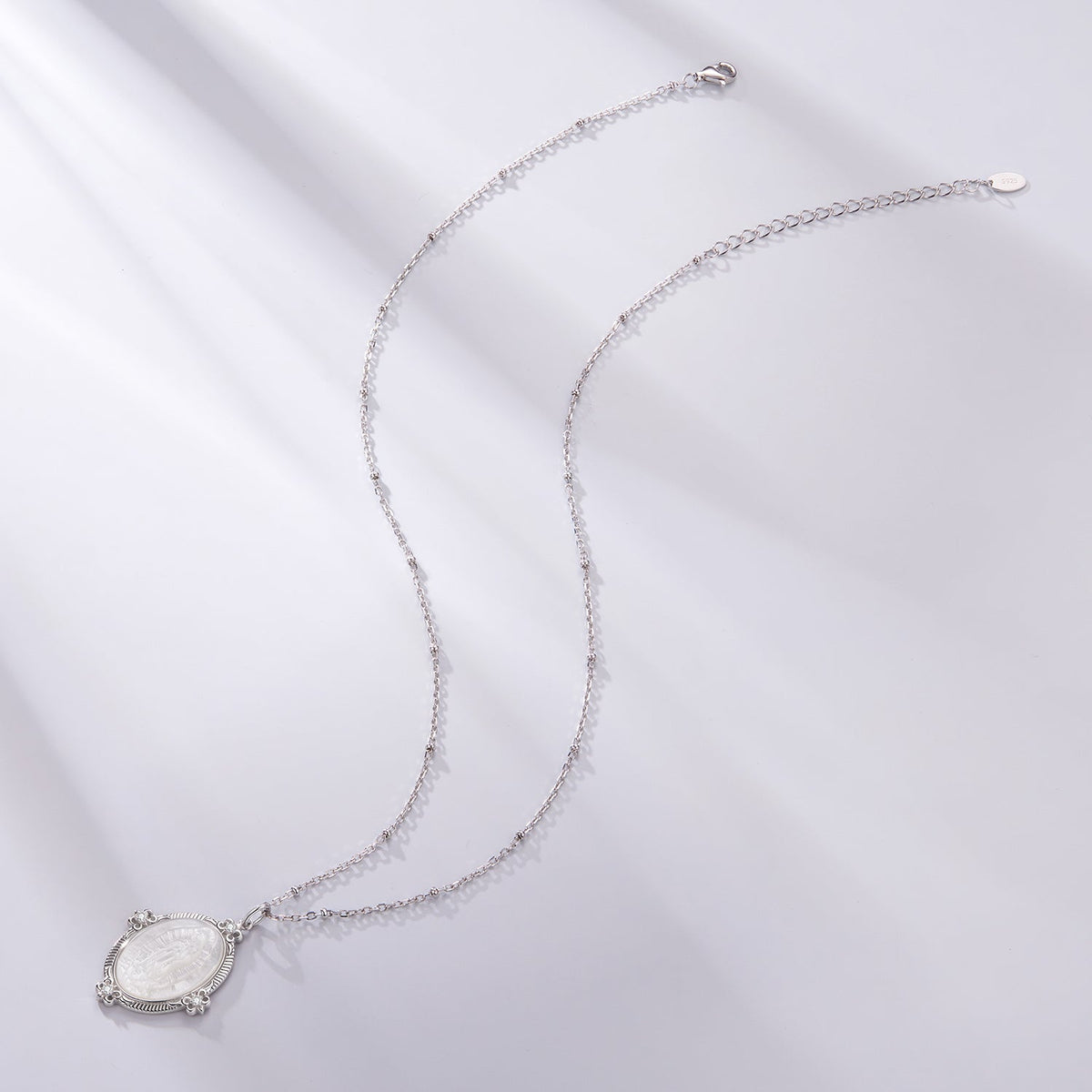 925 Sterling Silver Necklace with White Gold Plating, 40+5cm Length, CZ & Mother of Pearl Pendant for Women