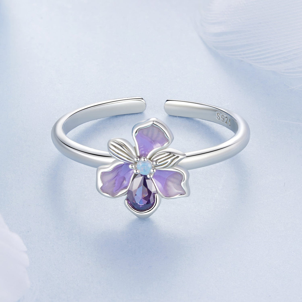 925 Sterling Silver Pavé Set CZ Enamel White Gold Plated Nano Opal Pendant Ring