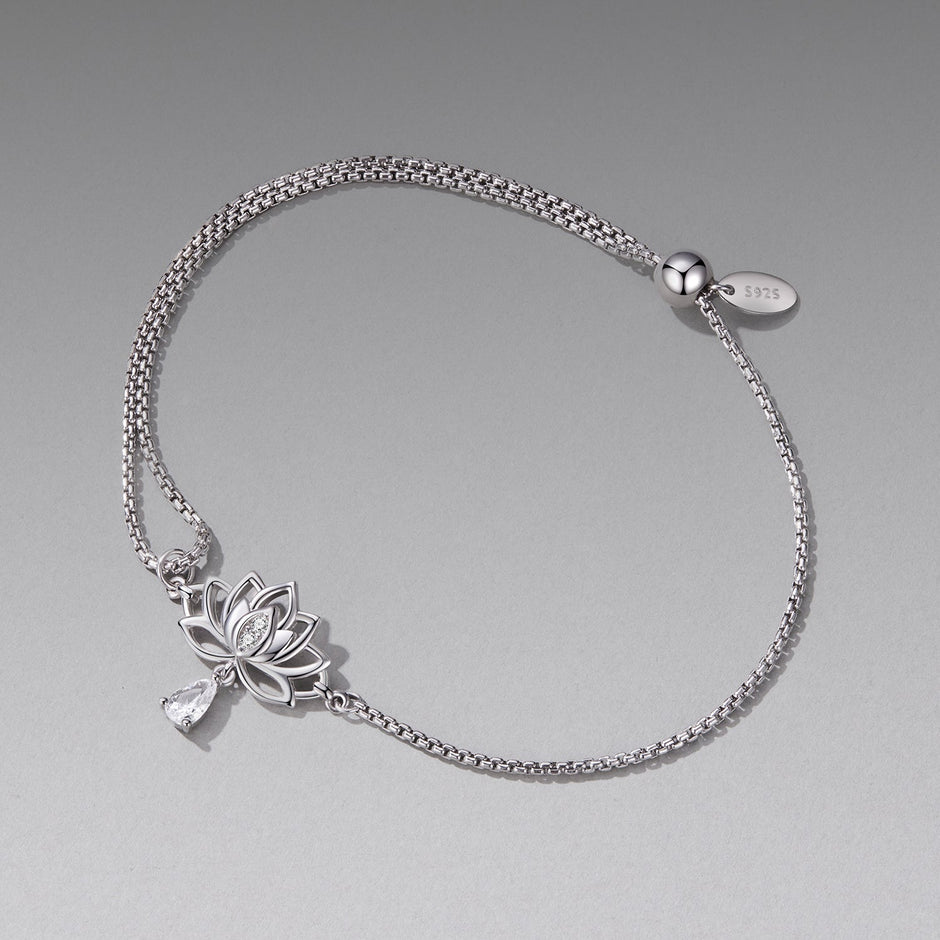 925 Sterling Silver Adjustable Chain Bracelet with White Gold Plating and CZ for Women