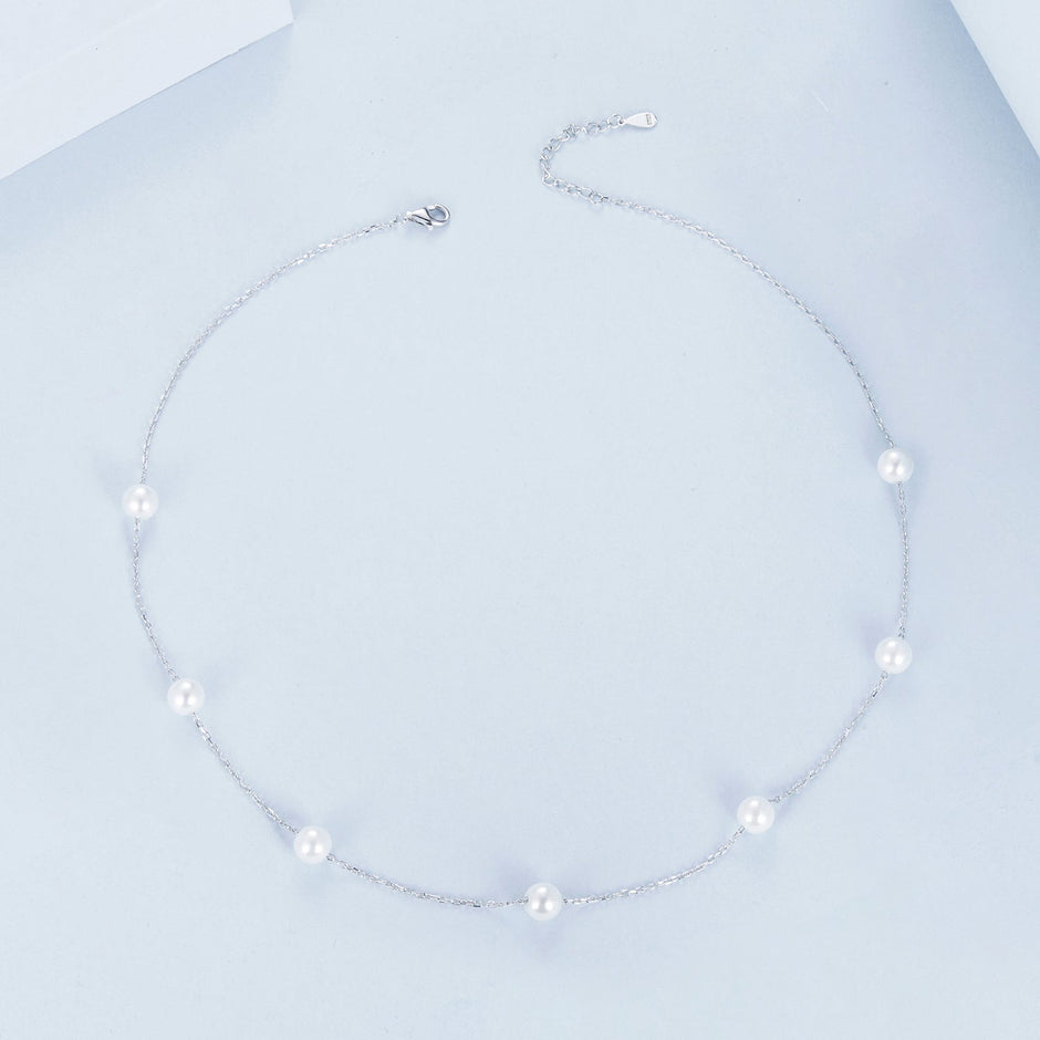 925 Sterling Silver White Gold Plated Necklace with Shell Pearl 400+50mm