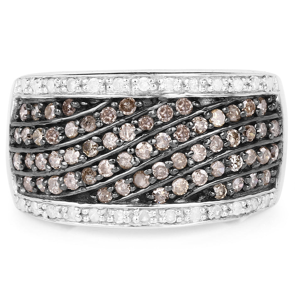 0.87 Carat Genuine Champagne Diamond and White Diamond .925 Sterling Silver Ring