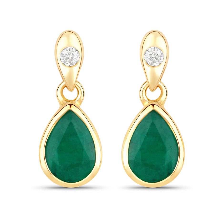 1.35 Carat Genuine Zambian Emerald and White Diamond 14K Yellow Gold Earrings