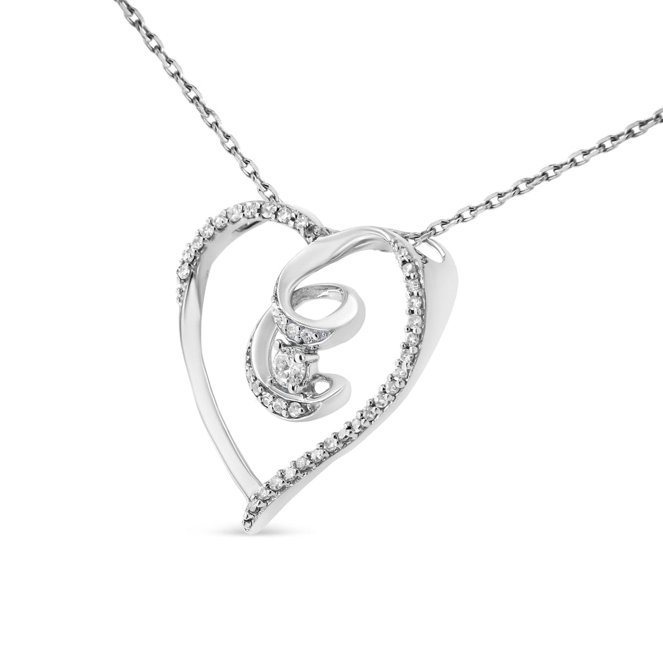 .925 Sterling Silver 1/4 Cttw Brilliant-Cut Diamond Open Heart Twisted Awareness Ribbon 18