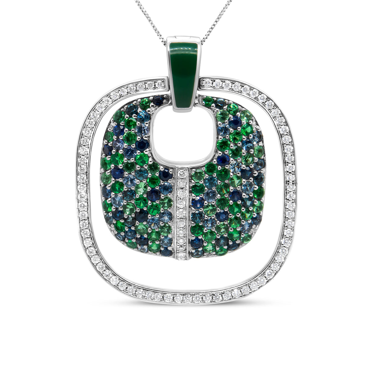 .925 Sterling Silver Green Enamel Pendant with 1/2 Cttw Diamond, Sapphire, and Tsavorite Openwork Statement 18