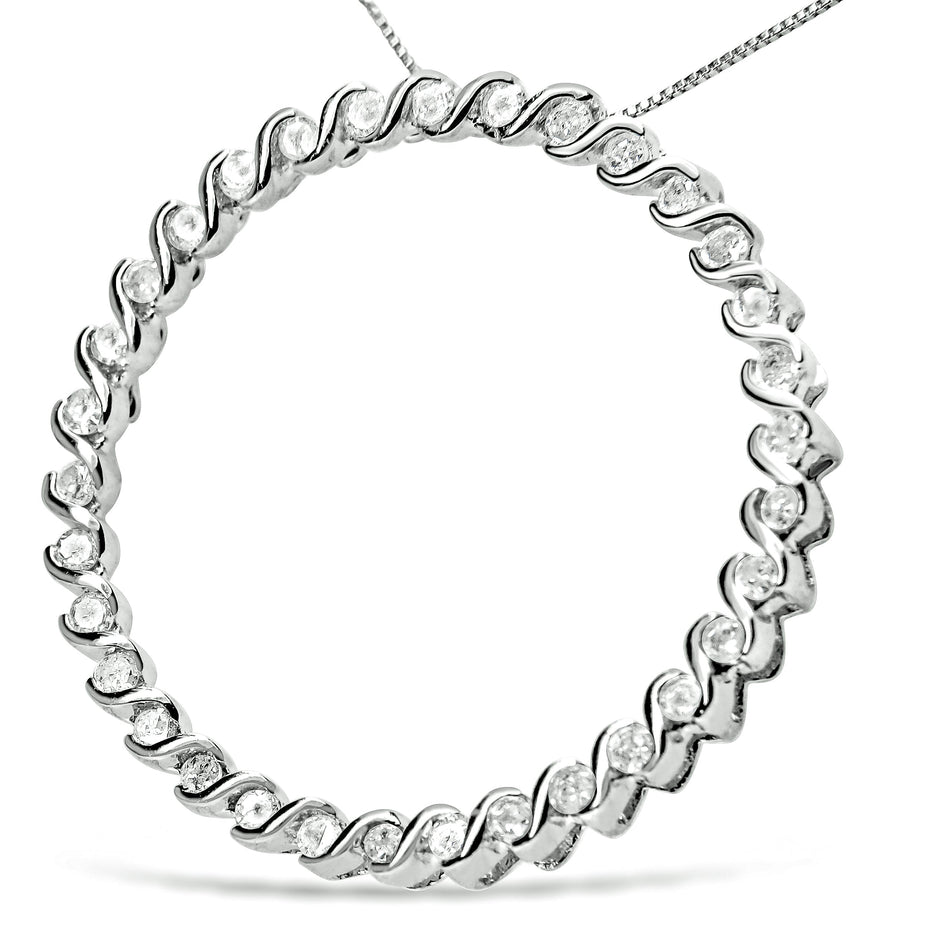 .925 Sterling Silver 3/4 Cttw Round Diamond Spiral Curved Circle Pendant 18