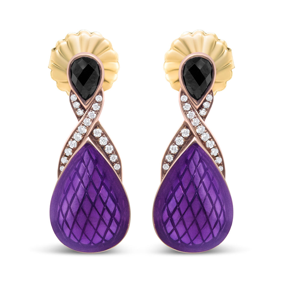 18K Rose Gold Flash Plated .925 Sterling Silver Purple Enamel 1/5 Cttw Round Pave-Set Diamond and 5.5 x 4mm Pear-Shaped Black Onyx Drop Earrings (F-G Color, VS1-VS2 Clarity)