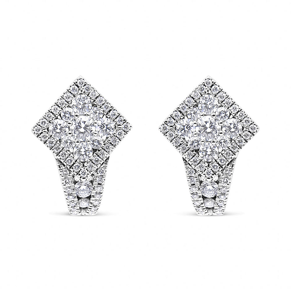 18K White Gold 1 1/10 Cttw Round Diamond Cluster with Halo Hoop Huggie Earring (F-G Color, VS1-VS2 Clarity)