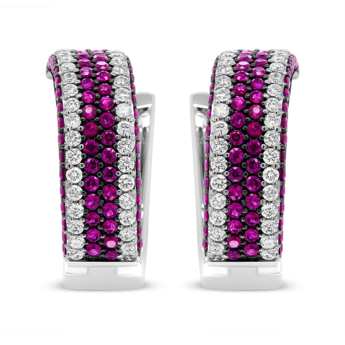 18K White Gold 1 7/8 Cttw Diamond and 1mm Round Red Ruby Open Swish Hoop Earrings (F-G Color, VS1-VS2 Clarity)