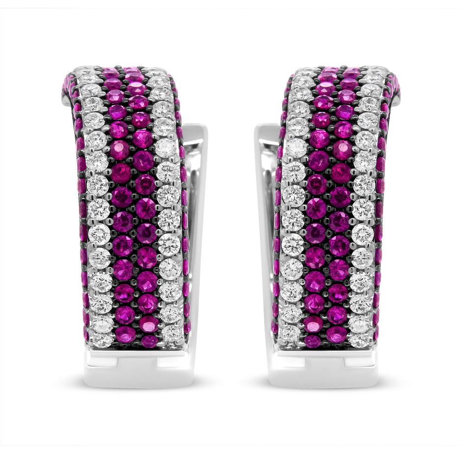 18K White Gold 1 7/8 Cttw Diamond and 1mm Round Red Ruby Open Swish Hoop Earrings (F-G Color, VS1-VS2 Clarity)